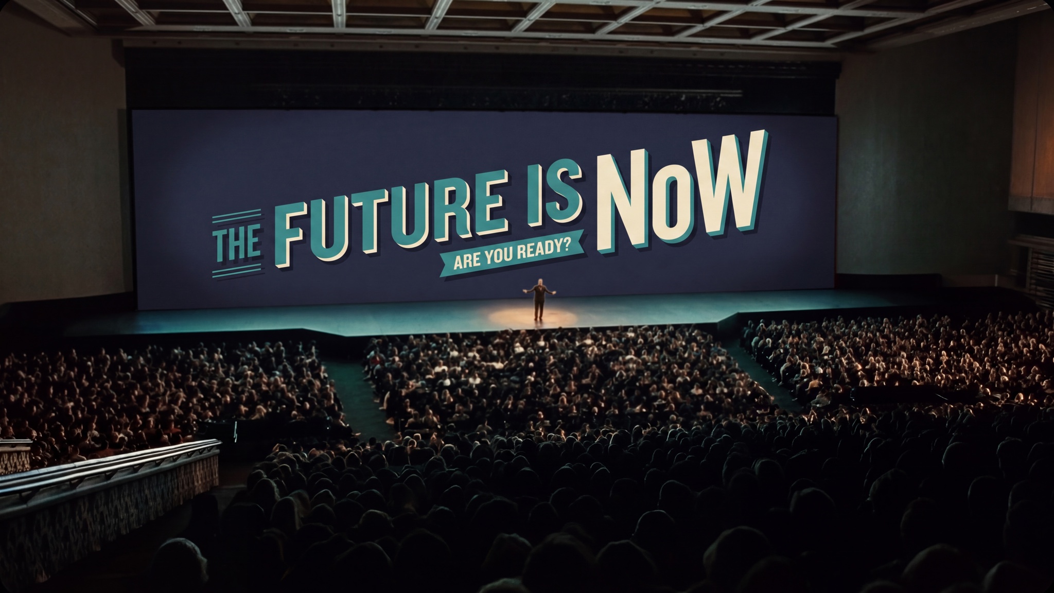 A speaker alone on a wide stage addressing a full auditorium, the screen behind them reading The Future is NoW