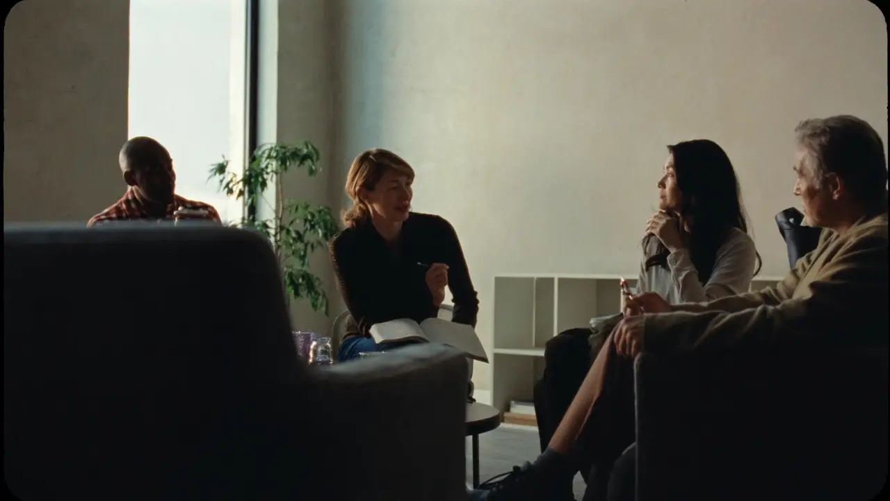 Colleagues in conversation around a table during a working session
